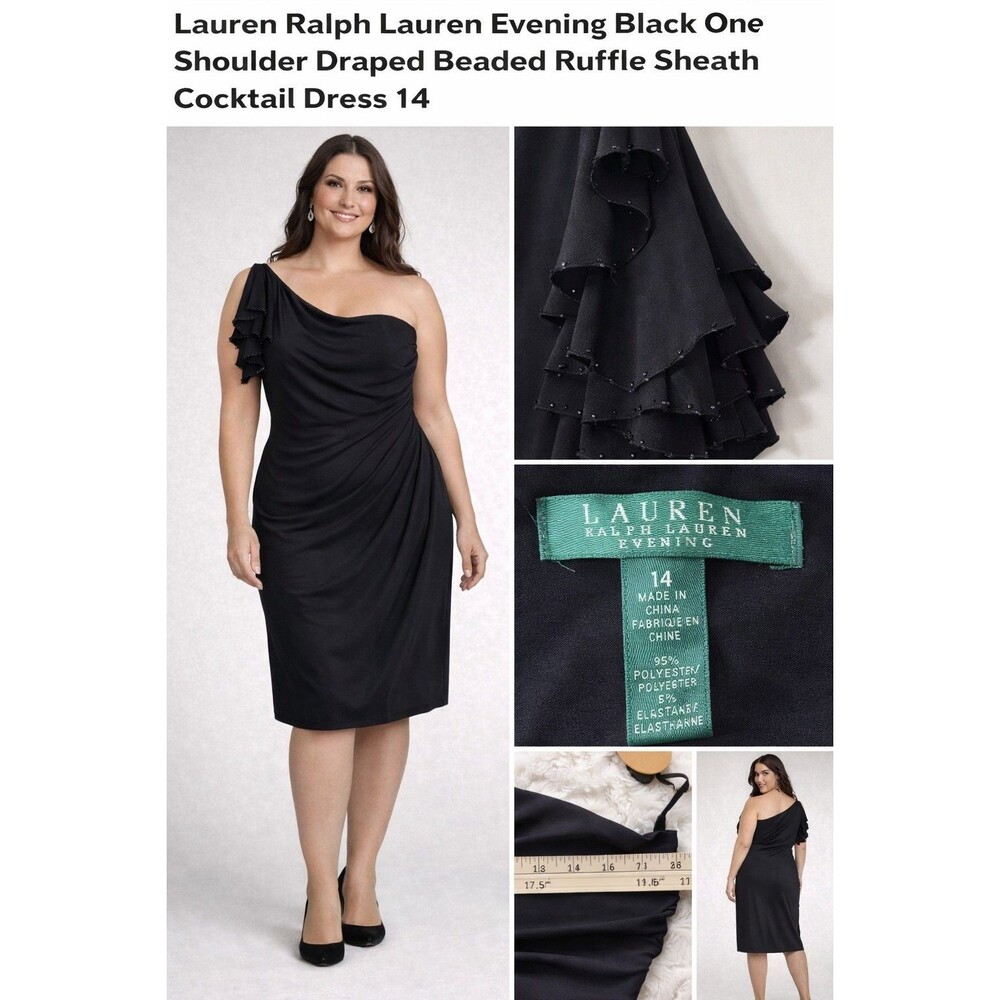 Lauren Ralph Lauren Evening Black Sheath Dress Women14 One Shoulder Feminin Chic